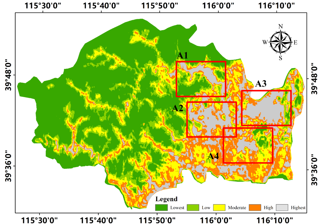 Flood susceptibility map of Fangshan District showing five susceptibility levels and four highlighted high-susceptibility areas, A1 through A4.